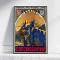 A vintage-style travel poster leaning against a white wall on a light wood floor. The poster features an illustrated castle scene with the text 'Chemins de Fer d'Orlans et du Midi', 'IL EST', and 'carcassonne' in large red letters at the bottom.