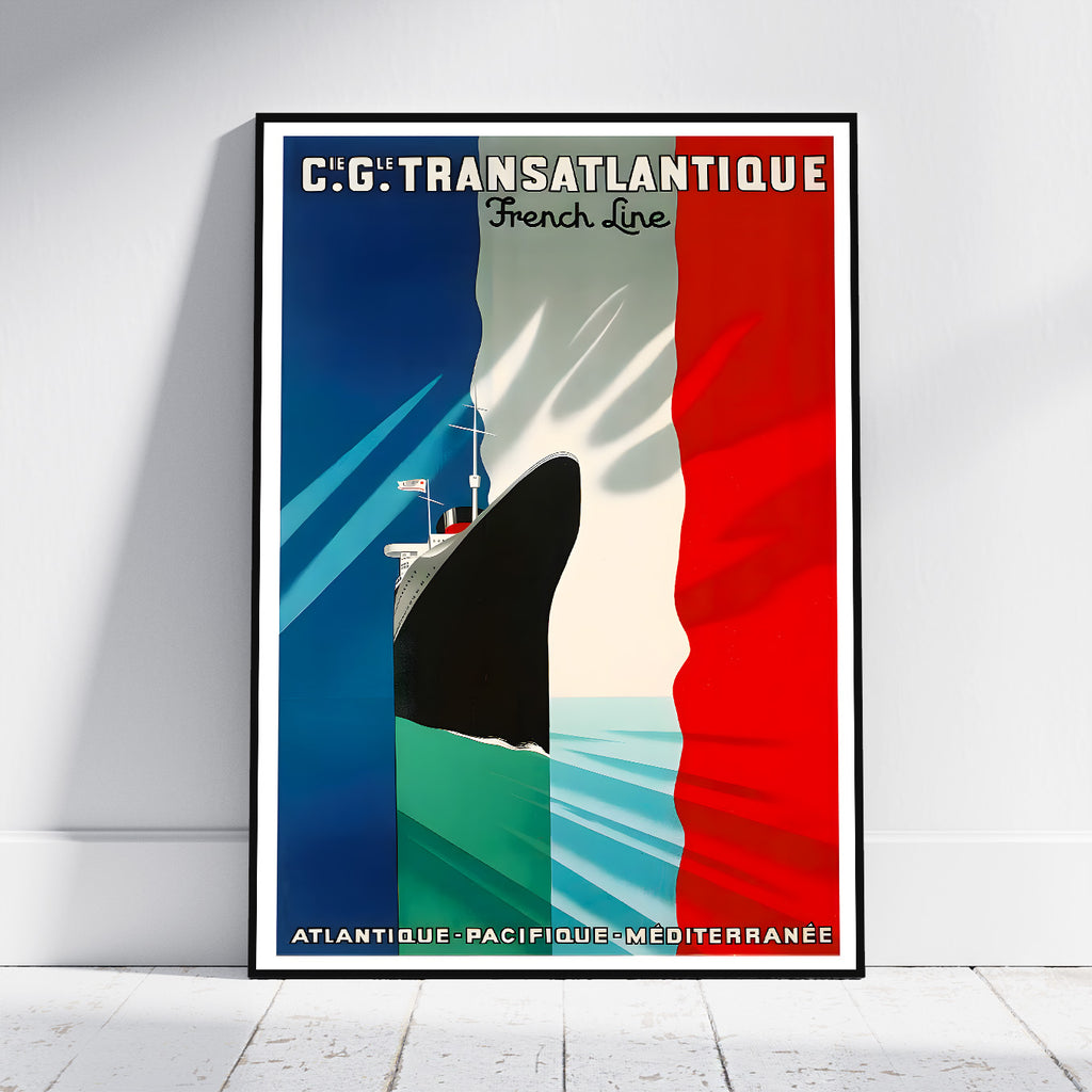 A framed vintage-style travel poster leaning against a white wall on a light floor. The poster features a large ship cutting through vertical blue, white, and red stripes, with French text reading 'C.