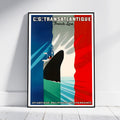 A framed vintage-style travel poster leaning against a white wall on a light floor. The poster features a large ship cutting through vertical blue, white, and red stripes, with French text reading 'C.