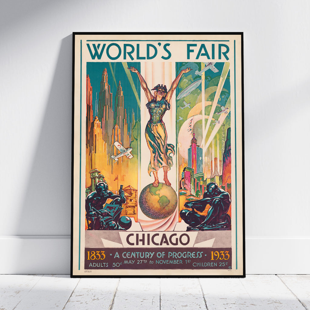 A framed vintage-style World's Fair poster leaning against a white wall on a light floor. The poster features an Art Deco illustration with the text 'WORLD'S FAIR' at the top, 'CHICAGO' at the bottom, and years 1833 and 1933 with pricing text.