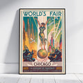 A framed vintage-style World's Fair poster leaning against a white wall on a light floor. The poster features an Art Deco illustration with the text 'WORLD'S FAIR' at the top, 'CHICAGO' at the bottom, and years 1833 and 1933 with pricing text.