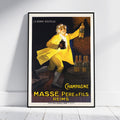 A framed vintage-style champagne poster leaning against a white wall on a light wood floor. The poster shows a man in a bright yellow outfit holding a bottle, with the text 'LA BONNE BOUTEILLE' at the top and 'CHAMPAGNE MASSÉ PÈRE & FILS REIMS' at the bottom.