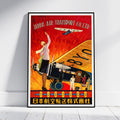 A framed vintage-style poster leaning against a white wall on a light floor. The poster features a red and orange illustrated scene with an airplane, a woman waving, and the text 'JAPAN AIR TRANSPORT CO.