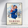 A framed vintage-style travel poster leaning against a white wall on a light wood floor. The poster shows a smiling woman in a blue uniform carrying a young child, with airplanes and travelers in the background and the text 'AVEC LA SABENA' and 'Vous etes en bonnes mains'.