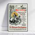 A framed vintage-style poster leaning against a white wall on a light wood floor. The poster features an illustrated medieval knight in armor, a castle skyline, and red and black text reading 'Ravensburg' and 'Die Metropole Obernauls'.