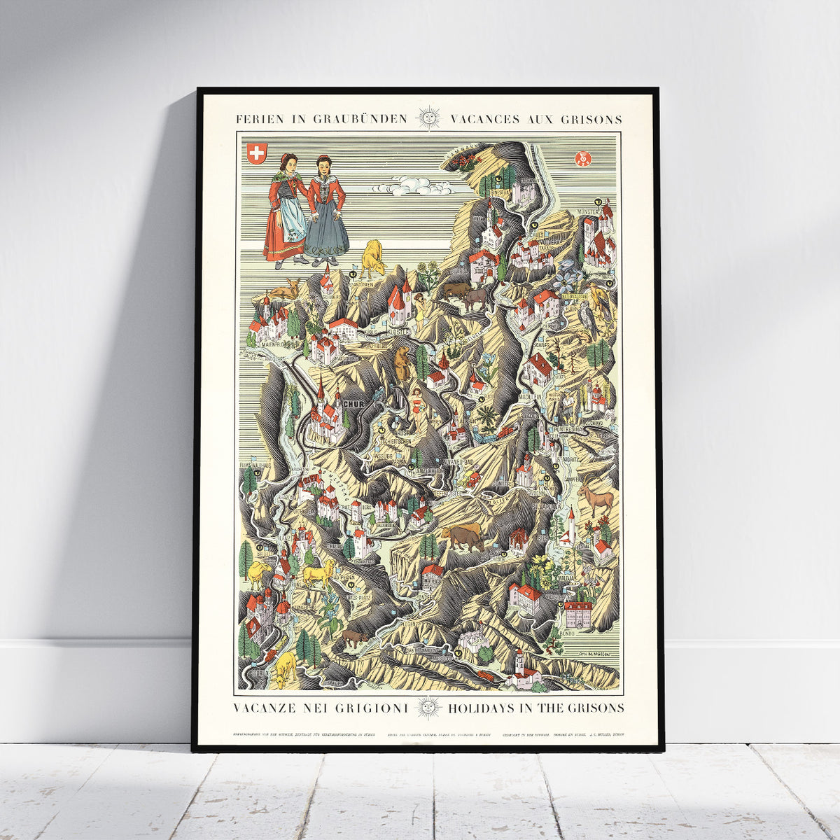 Vintage Fine Art Poster - A4, A1...20x30 Zoll... Vacances aux Grisons, Engadin St.Moritz Pontresina Otto M. MÜLLER, 1939 - Kartendruck
