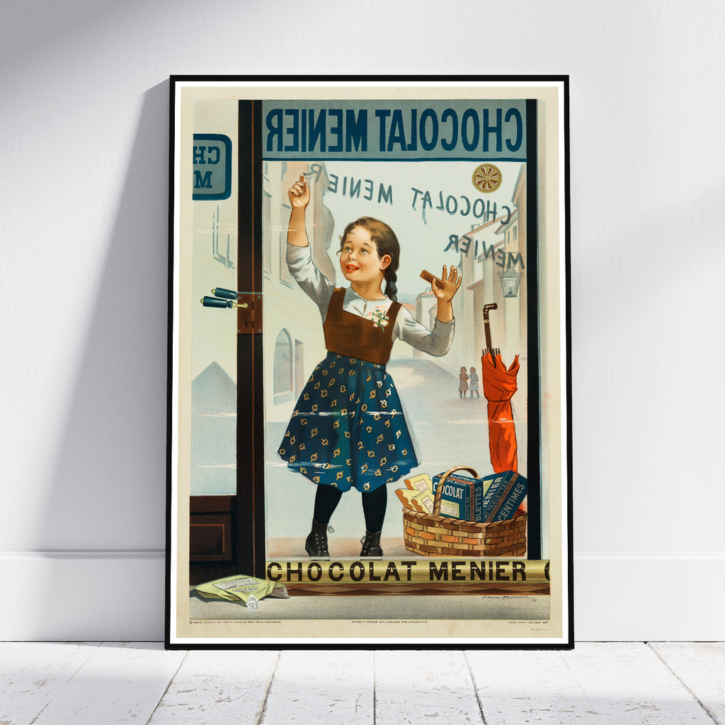 Vintage Kunstdruckposter – A4, A3... 20x30 Zoll... Chocolat Menier, Fillette de face écrivant sur une vitrine, Firmin Bouisset, Frankreich Druck