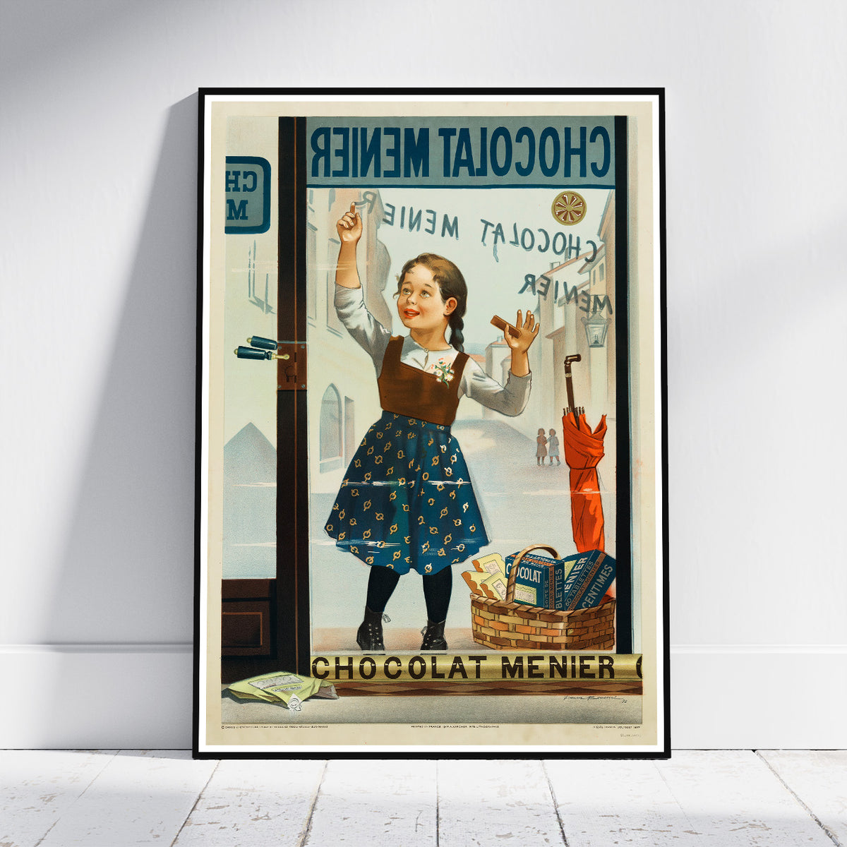 Vintage Kunstdruckposter – A4, A3... 20x30 Zoll... Chocolat Menier, Fillette de face écrivant sur une vitrine, Firmin Bouisset, Frankreich Druck