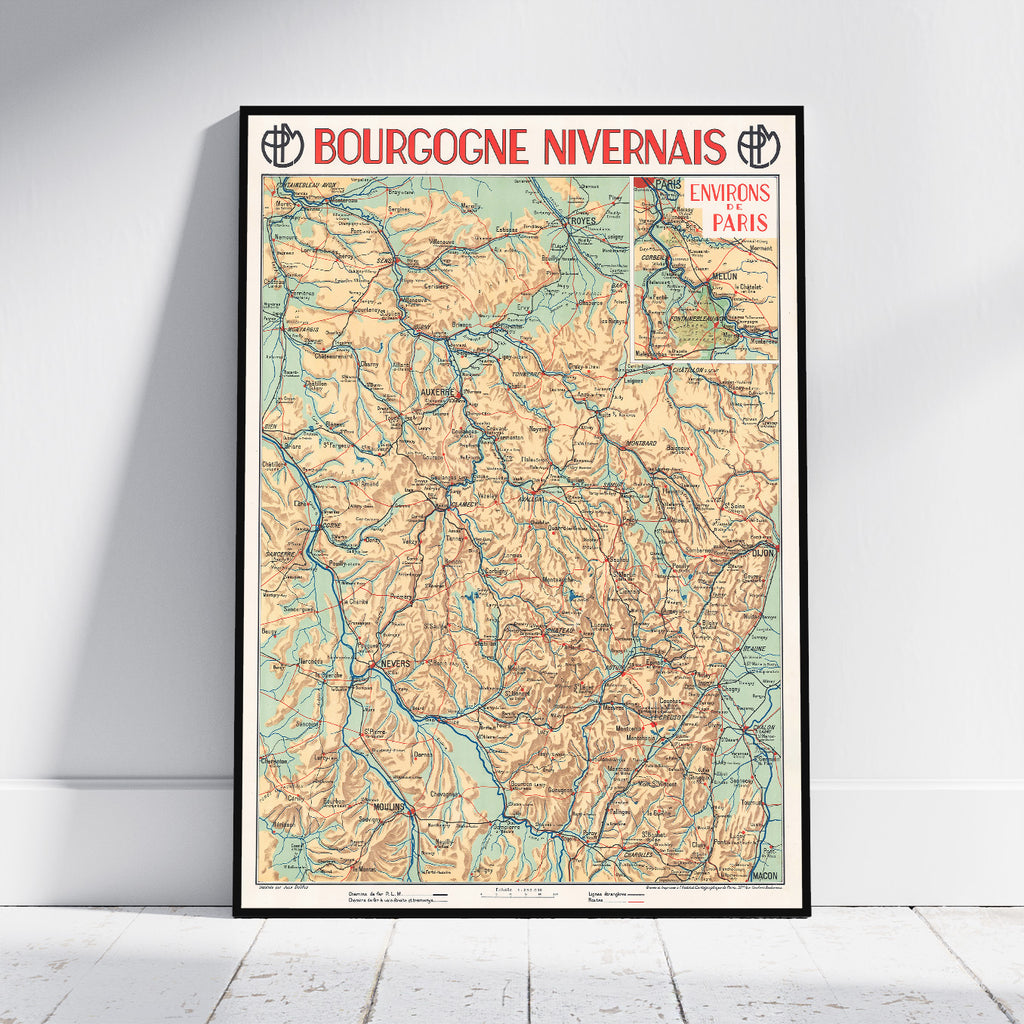 A framed vintage-style map poster titled 'BOURCOGNE NIVERNAIS' leaning against a white wall on a light wood floor. The map features beige terrain, blue river lines, and red title text.