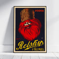 A vintage-style poster print leaning against a white wall on a light floor. The artwork shows a red-and-black illustrated face with a brown hat, the word 'VODKA' in red at the top right, and large yellow script reading 'Relsky 1st Kumel' at the bottom.