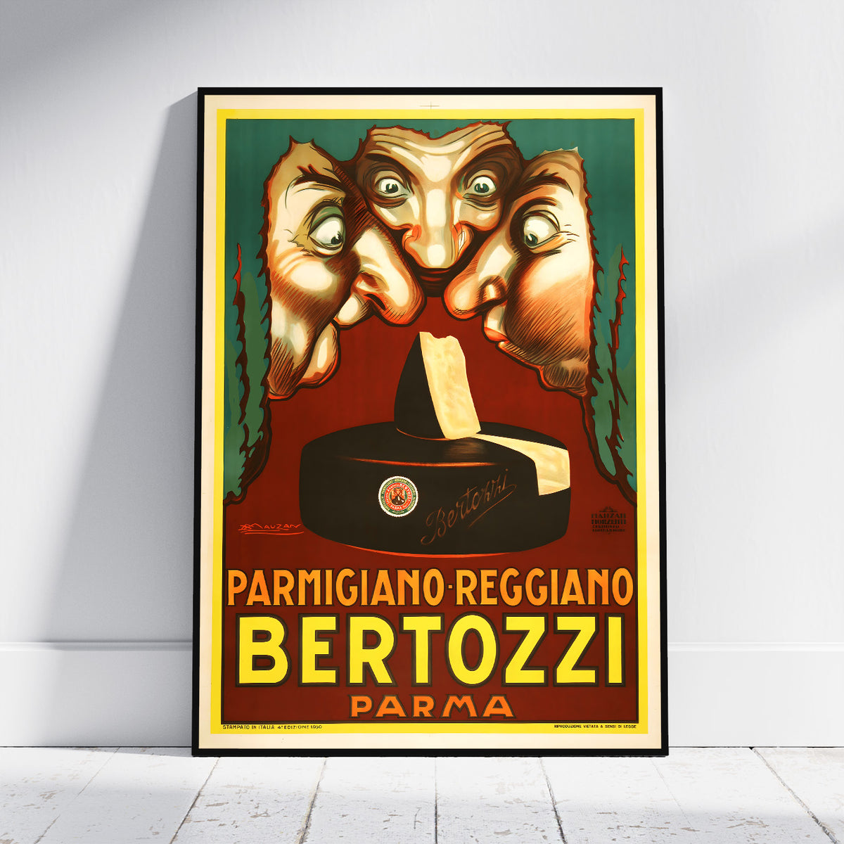 A framed vintage-style Parmigiano Reggiano Bertozzi poster leaning against a white wall on a light wood floor. The artwork shows three exaggerated faces peering at a wheel of cheese with bold yellow and red typography at the bottom.