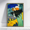 A framed vintage-style art print leaning against a white wall on a light wood floor. The artwork shows a woman in a teal dress holding a dark blue umbrella, with yellow flowers, dark clouds, and a distant lighthouse.