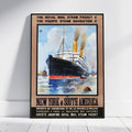 A framed vintage travel poster for the New York & South America Royal Mail Steam Packet, leaning against a white wall on a light wood floor. The poster features an illustration of a large ocean liner with smokestacks, surrounded by blue water and clouds, with black text at the top and bottom.