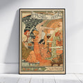 A framed vintage Art Nouveau poster titled 'Un Noel 1893' leaning against a white wall on a light wood floor. The poster features an ornate illustration in warm orange, beige, and green tones, with figures, a tree, and decorative architectural details.