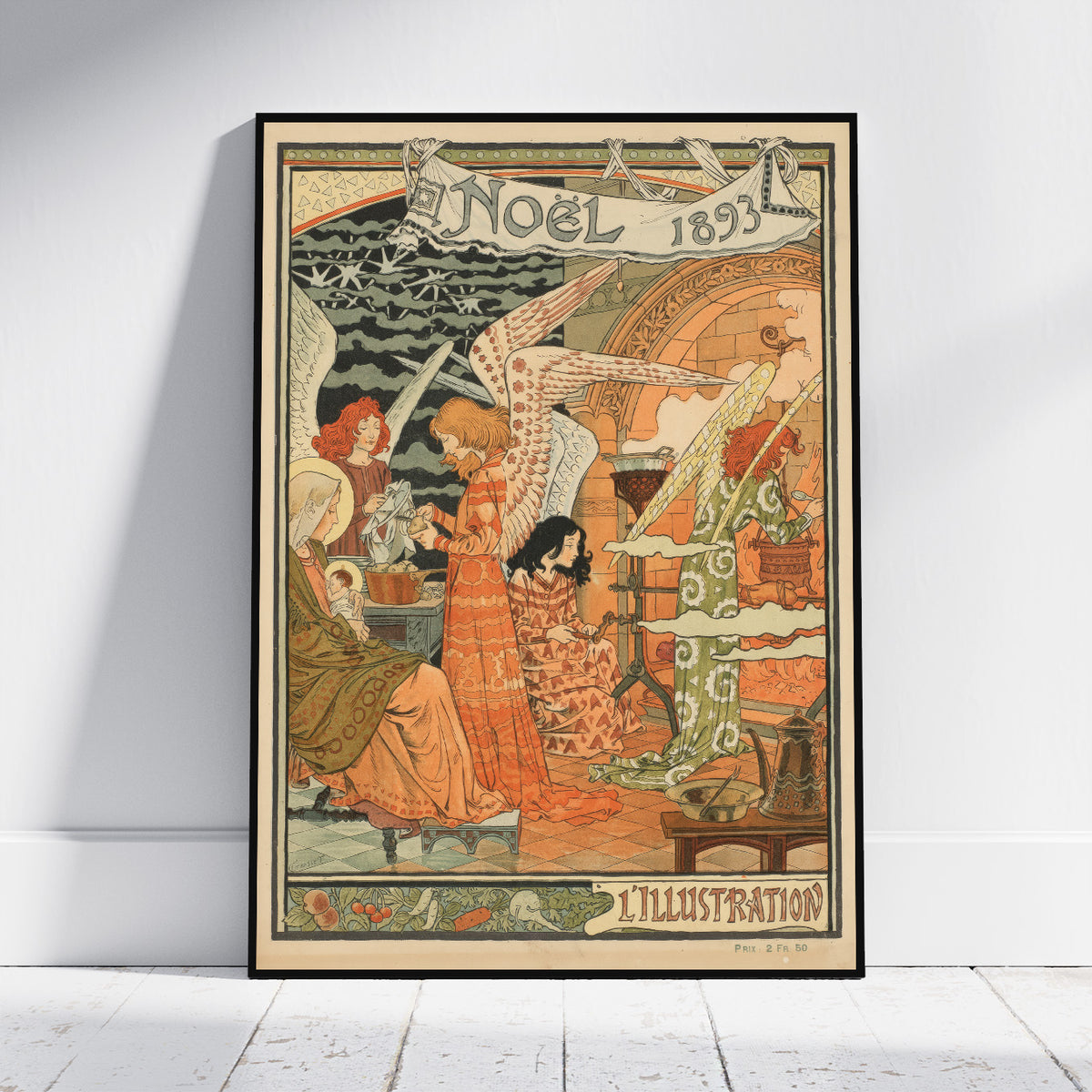 A framed vintage Art Nouveau poster titled 'Un Noel 1893' leaning against a white wall on a light wood floor. The poster features an ornate illustration in warm orange, beige, and green tones, with figures, a tree, and decorative architectural details.