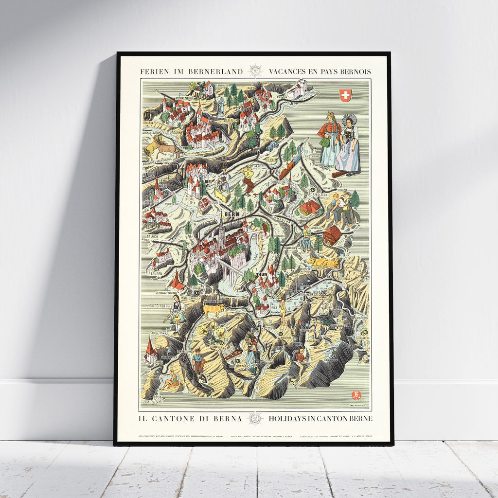A framed vintage-style travel map poster of Bern, Switzerland, leaning against a white wall on a light wood floor. The poster features a detailed illustrated itinerary with small figures, mountains, and buildings in muted earth tones, cream paper, and black text.