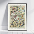 A framed vintage-style travel map poster of Bern, Switzerland, leaning against a white wall on a light wood floor. The poster features a detailed illustrated itinerary with small figures, mountains, and buildings in muted earth tones, cream paper, and black text.