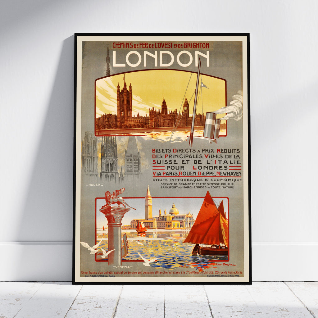 A framed vintage-style travel poster for London, leaning against a white wall on a light floor. The poster features illustrated landmarks, French text, and warm sepia tones with red and yellow accents.