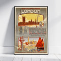 A framed vintage-style travel poster for London, leaning against a white wall on a light floor. The poster features illustrated landmarks, French text, and warm sepia tones with red and yellow accents.