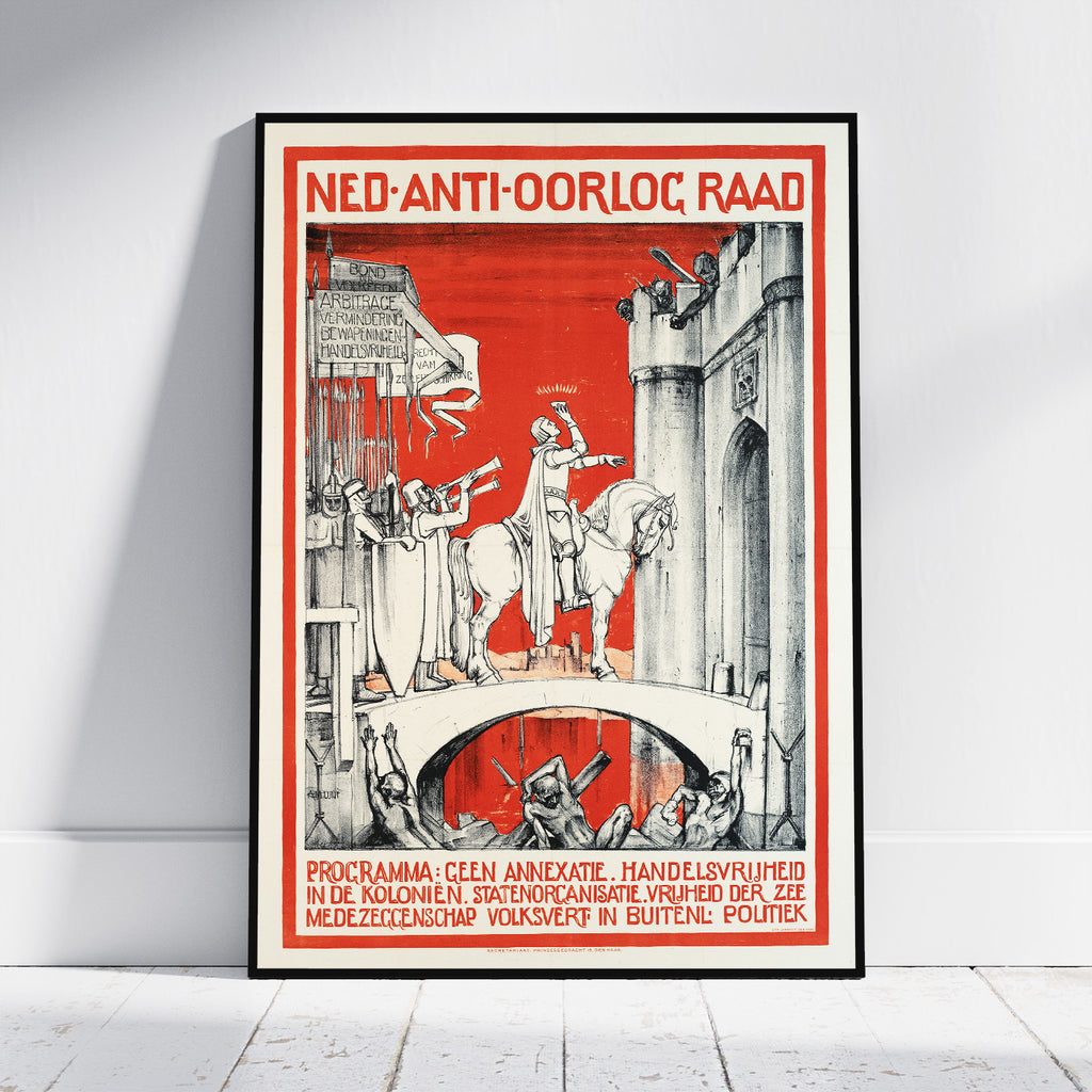 A framed vintage-style poster leaning against a white wall on a light floor. The poster has a bold red background with black line art and orange-red text reading 'NED-ANTI-OORLOC RAAD' at the top and additional Dutch text at the bottom.