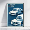 A framed vintage-style poster leaning against a white wall on a light floor. The poster shows two illustrations of a white and blue Fiat 125p car with the text 'POLSKI FIAT 125p' at the top.