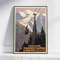 A framed vintage-style travel poster leaning against a white wall on a light floor. The poster shows snow-covered mountains, evergreen trees, and a cable car system with French text reading 'Funiculaire Chamonix-Planpraz Le Brevent'.