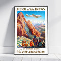 A framed vintage travel poster for 'Peru of the Incas' leaning against a white wall on a light wood floor. The poster features a retro illustration of a train traveling in a mountainous landscape with Incas sitting below and a Pan American airplane flying overhead.