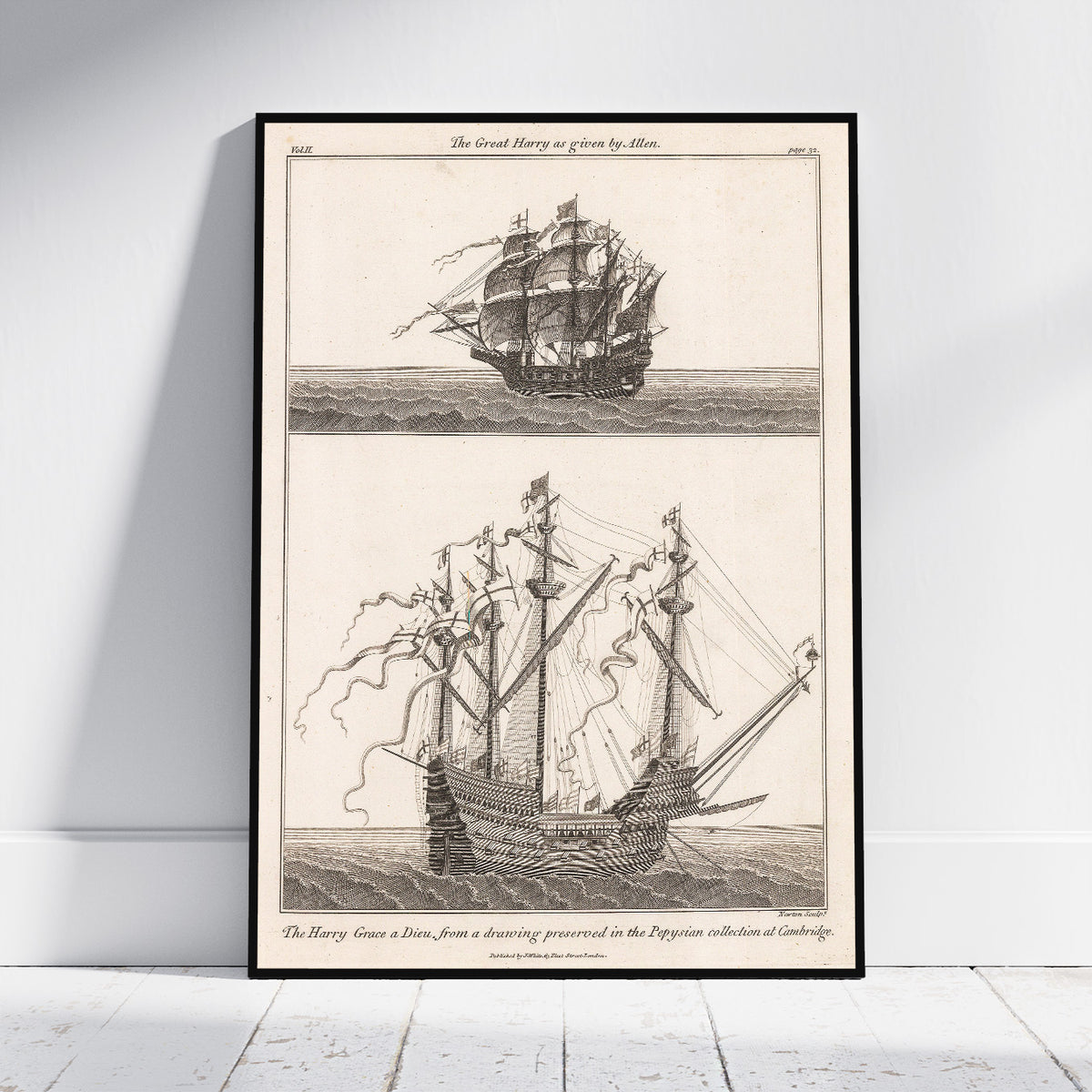 A framed vintage nautical art print leaning against a white wall on a light wood floor. The print features detailed black ink sketches of historical sailing ships on an aged cream background, with a thin black frame.