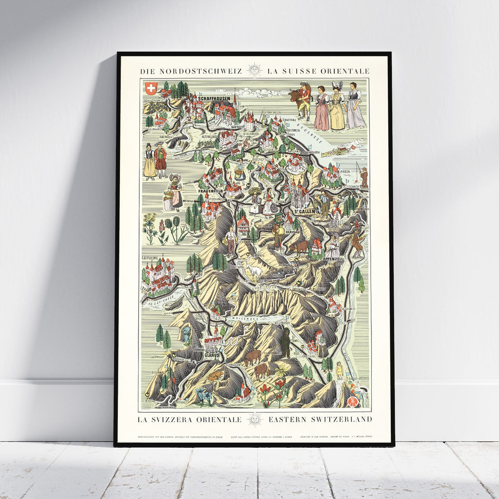 A framed vintage-style map poster of Eastern Switzerland ('Die Nordostschweiz / La Suisse Orientale') leaning against a white wall on a light wood floor.