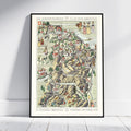 A framed vintage-style map poster of Eastern Switzerland ('Die Nordostschweiz / La Suisse Orientale') leaning against a white wall on a light wood floor.
