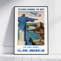 A framed vintage-style travel poster leaning against a white wall on a light floor. The poster reads 'FLYING DOWN TO RIO' at the top and 'IN FIVE DAYS Via PAN AMERICAN' at the bottom, with an illustration of the Rio de Janeiro Christ the Redeemer statue, a seaplane, and coastal scenery.