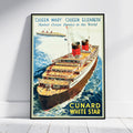 A framed vintage Cunard White Star ocean liner poster leaning against a white wall on a light floor. The poster features an illustration of the Queen Mary and Queen Elizabeth class ship Cunard White Star at sea, with blue water, cream sky, red and black smokestacks, and yellow text reading 'CUNARD WHITE STAR'.