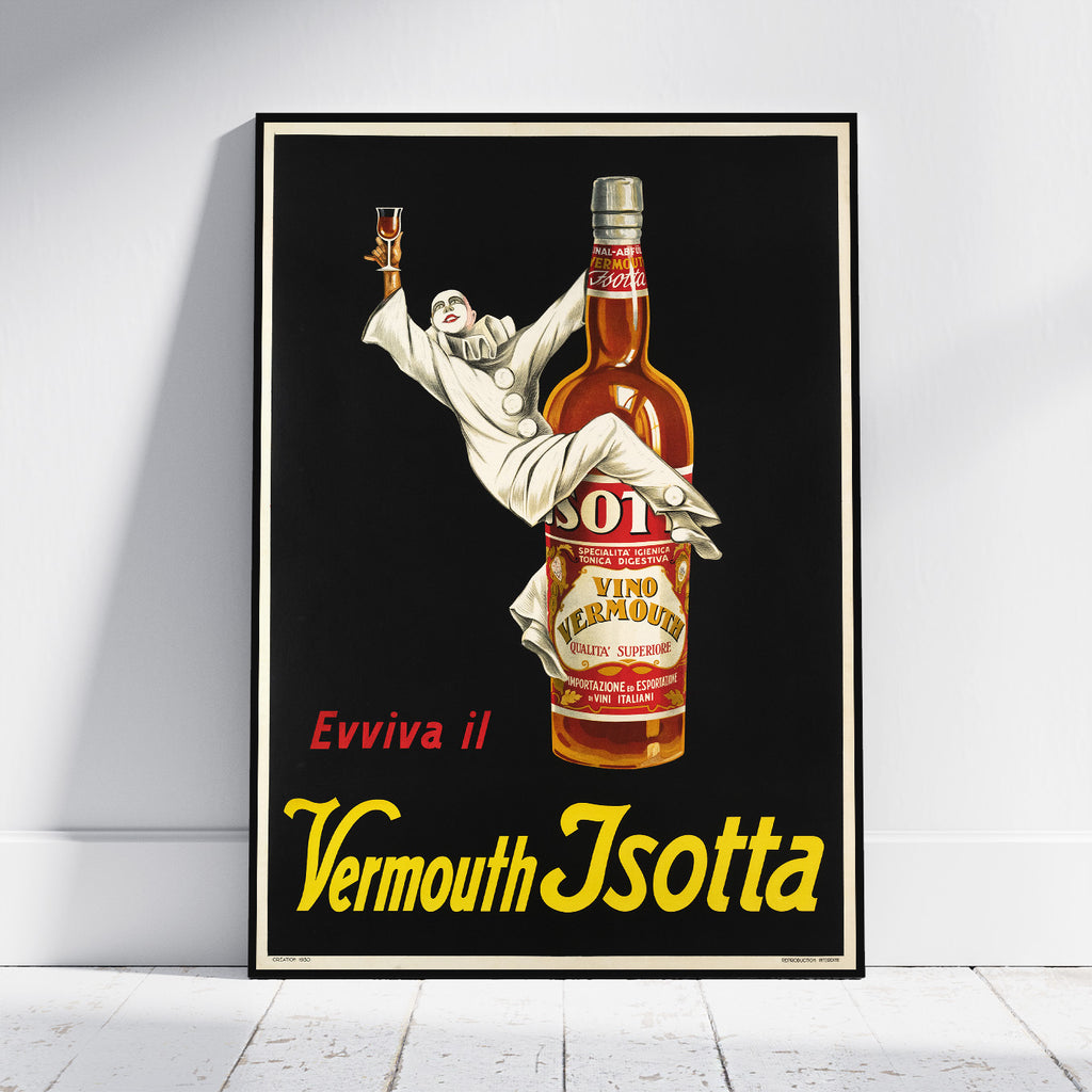 A framed vintage-style poster leaning against a white wall on a light wood floor. The poster features a black background with a large amber bottle labeled Vermouth Isotta and a white-clad figure reaching upward, with red and yellow text reading 'Evviva il Vermouth Isotta.