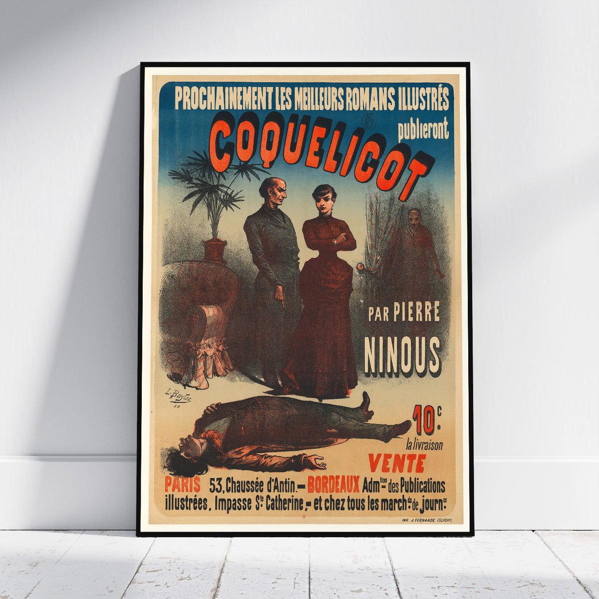 A framed vintage French book cover poster for 'Coquelicot' by Pierre Ninous, leaning against a white wall on a light wood floor.