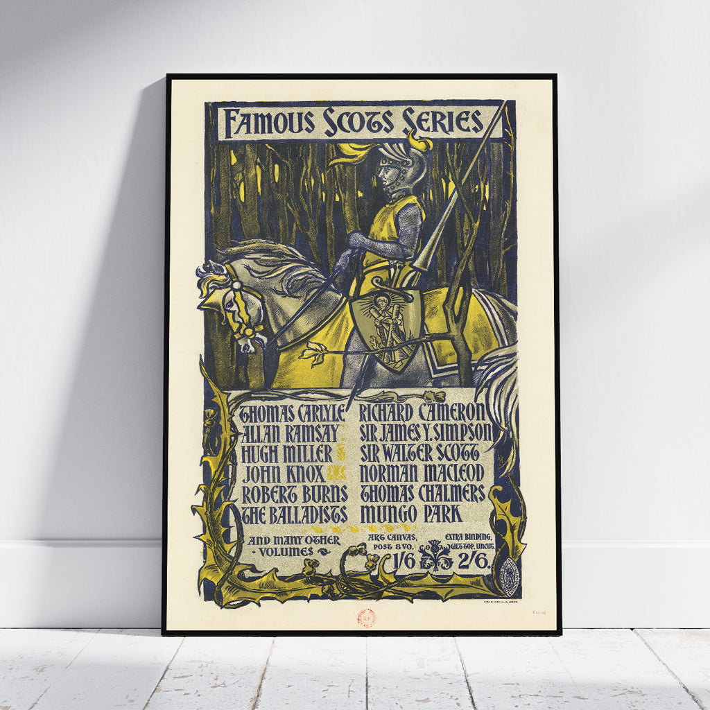A framed vintage-style poster leaning against a white wall on a light floor. The poster features an illustrated knight on a horse with the text 'Famous Scots Series' and match scores in blue and yellow tones.