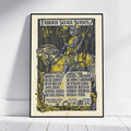 A framed vintage-style poster leaning against a white wall on a light floor. The poster features an illustrated knight on a horse with the text 'Famous Scots Series' and match scores in blue and yellow tones.