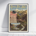 A framed vintage travel poster for 'Chemin de Fer du Midi' leaning against a white wall on a light wood floor. The poster features a scenic mountain landscape with a train station, a waterfall, and a train station in Grenoble, with French text and an illustrated landscape.