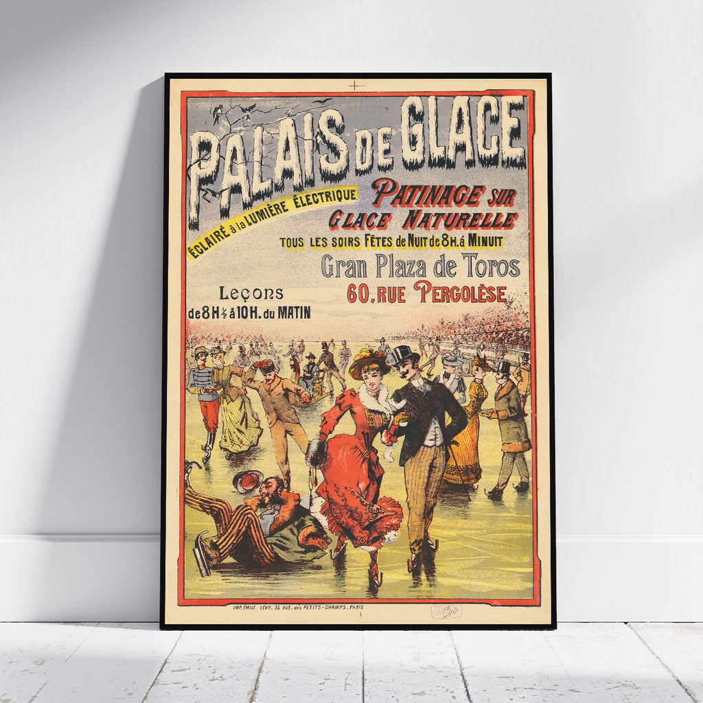 A framed vintage French ice skating poster leaning against a white wall on a light wood floor. The poster features colorful illustrations of people skating and bold text reading 'PALAIS DE GLACE' and 'PATINAGE SUR GLACE NATURELLE'.